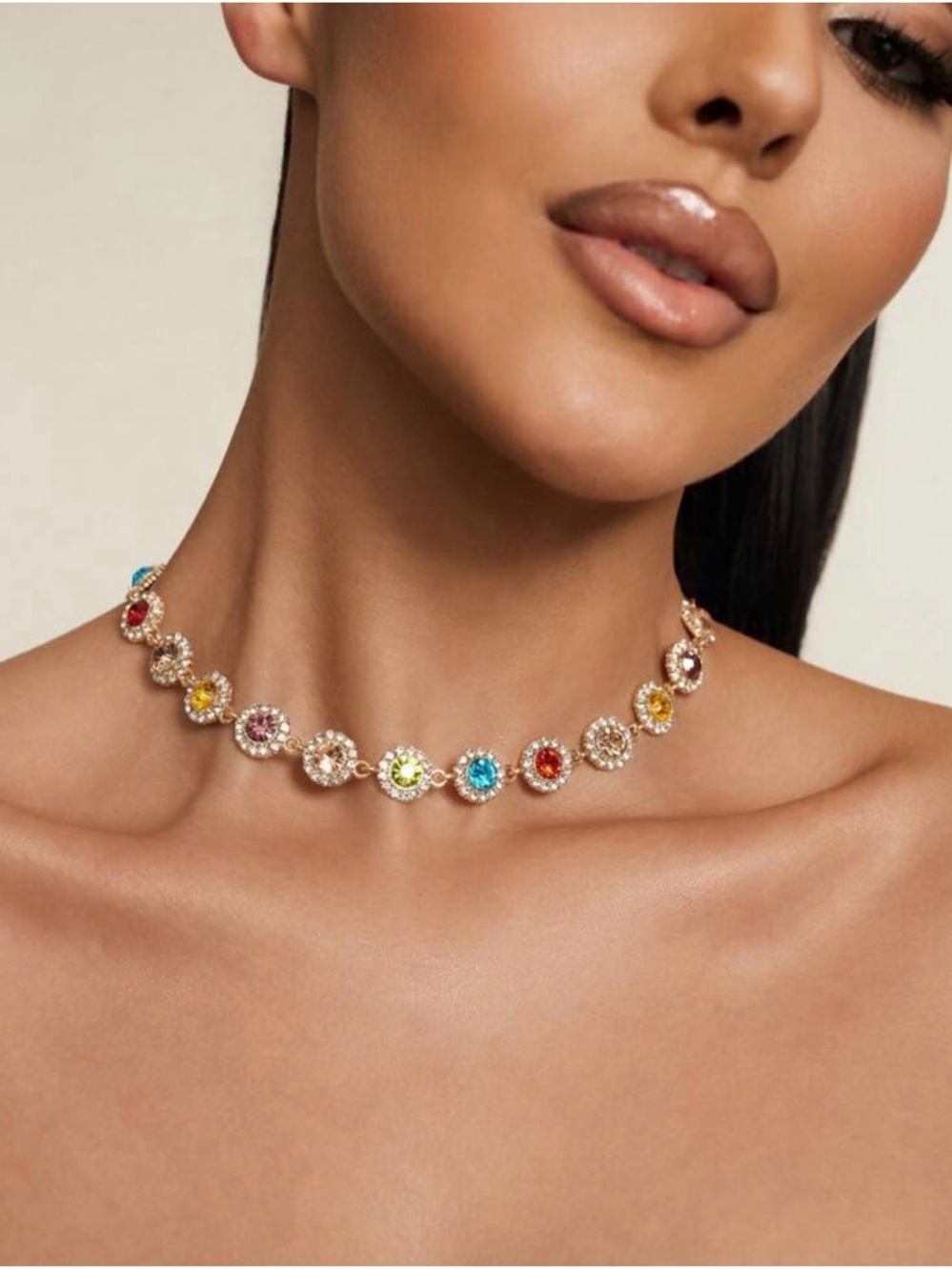Multicolor Crystal Halo Choker Necklace - Gold